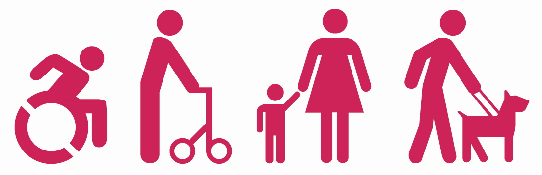 Vier pictogrammen uit het logo van de Week van de Toegankelijkheid: iemand in een rolstoel, iemand met een rollator, hulp voor jong en oud, hulphond voor slechtzienden
