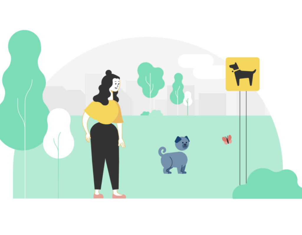 Infographic van Berichten over uw Buurt met een tekening van een inwoonster met een hond op een hondenuitlaatterrein